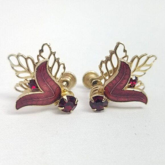 Vintage Red Enamel and Gold Tone Filigree Clip On Earrings, Screw Backs, Estate - Picture 5 of 6